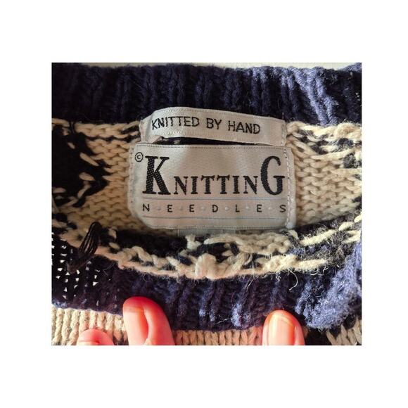 VTG 80s Sweater Knitting Needles Sz L Houndstooth Paisley Sweater Navy - Picture 8 of 8